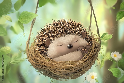 Adorable Cartoon Hedgehog Snuggling in a Cozy Nest