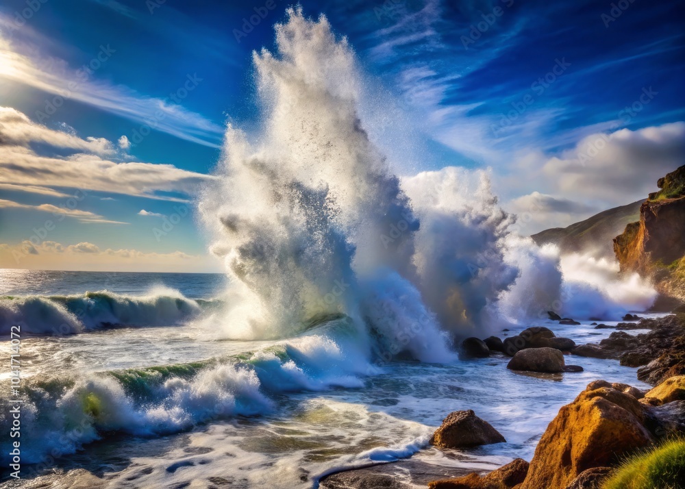 Fototapeta premium Ocean waves crashing against rocks, creating mist and foam in a dynamic coastal landscape scene