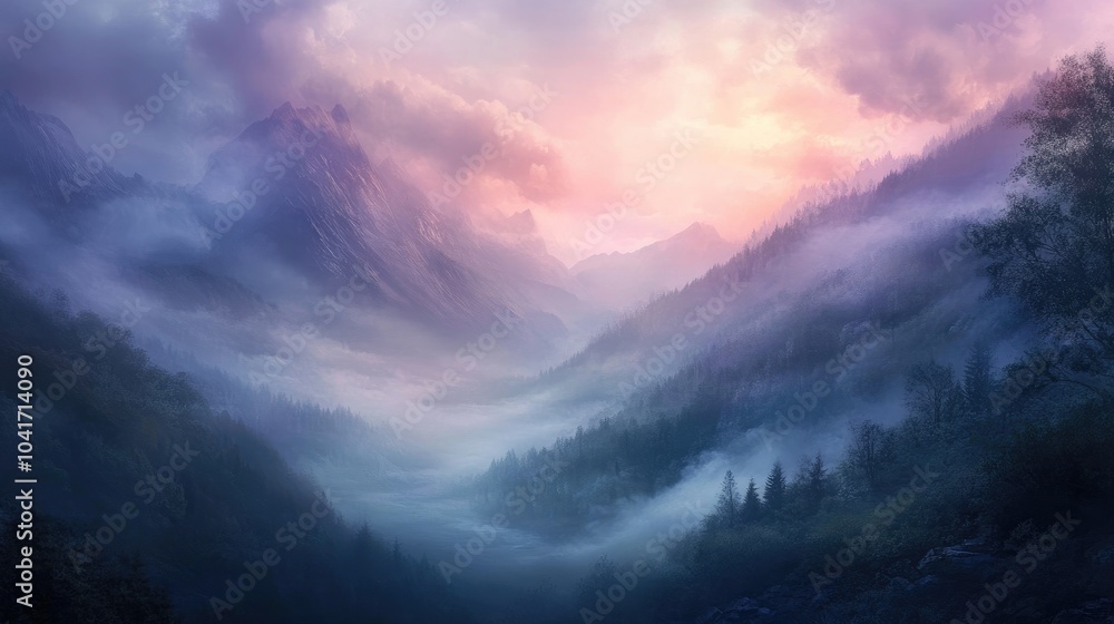 Dreamlike fog sweeping through a quiet mountain valley at dawn, creating an ethereal, misty landscape of peace and beauty Dreamlike fog sweeping through a quiet mountain valley at dawn, creating an ethereal, misty landscape of peace and beauty