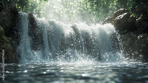 3D waterfall impact with mist and droplets scattering, waterfall splash, powerful and majestic