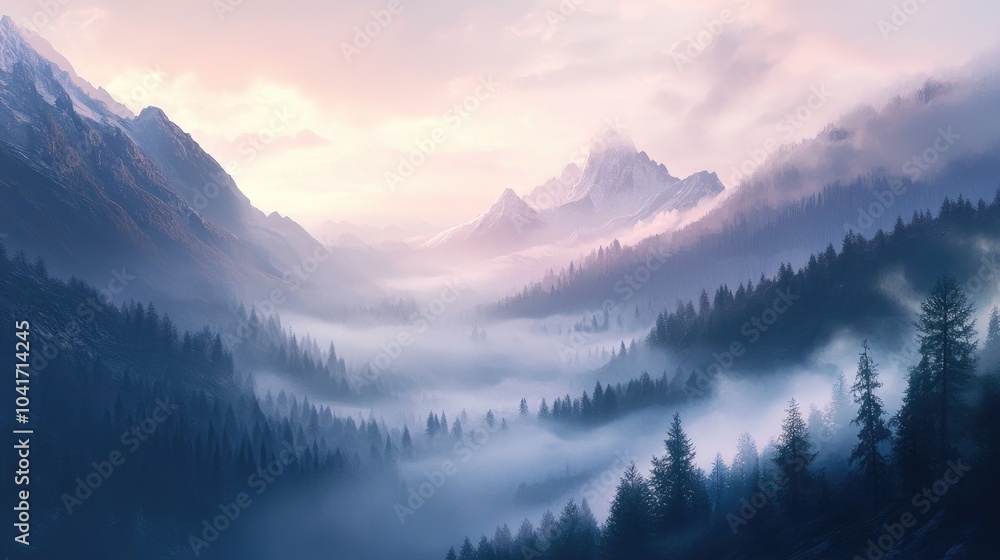 Ethereal fog blanketing a mountain valley at dawn, with soft light creating a dreamlike, peaceful landscape Ethereal fog blanketing a mountain valley at dawn, with soft light creating a dreamlike, peaceful landscape