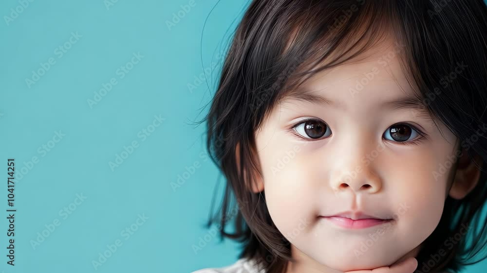 A delightful portrait of a young Asian child with dark eyes and a gentle smile against a soft blue background. A delightful portrait of a young Asian child with dark eyes and a gentle smile against a soft blue background.