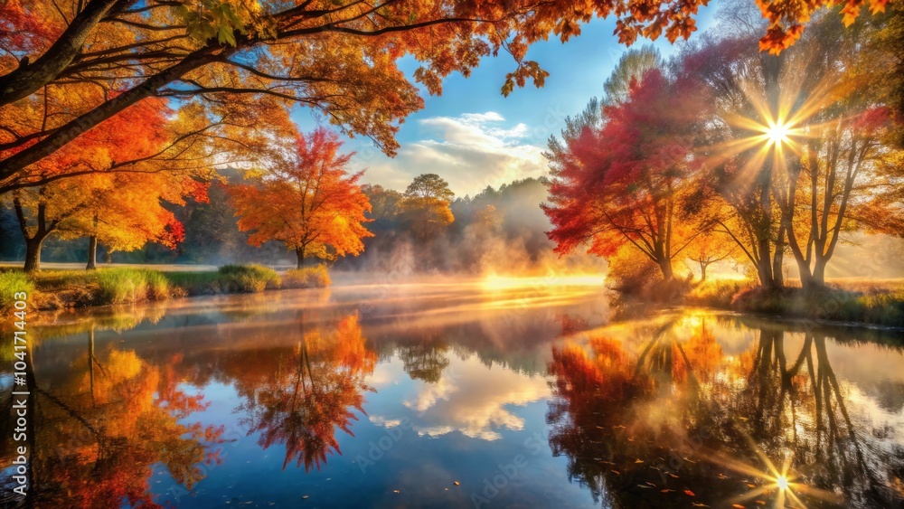 Rays of Sunlight Piercing Through Misty Morning Air, Creating a Magical and Serene Atmosphere Rays of Sunlight Piercing Through Misty Morning Air, Creating a Magical and Serene Atmosphere