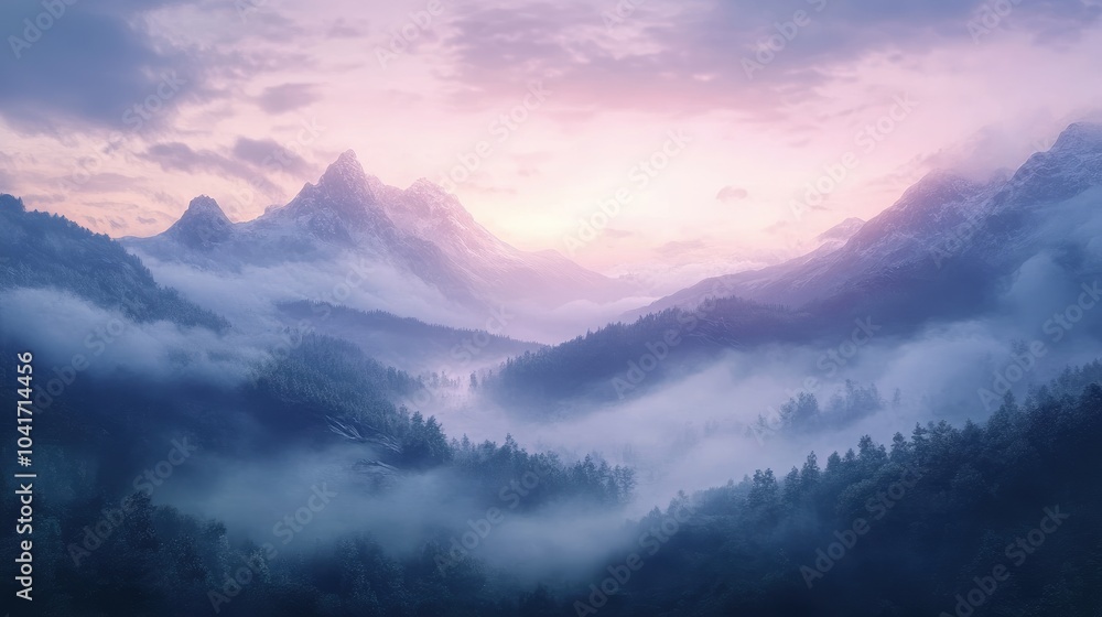 Misty fog rolling over a mountain valley at dawn, creating a dreamlike landscape of serenity and ethereal beauty Misty fog rolling over a mountain valley at dawn, creating a dreamlike landscape of serenity and ethereal beauty