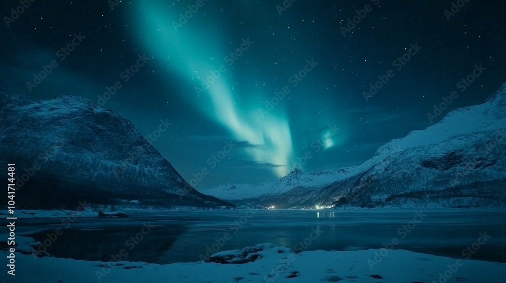 Wide shot of the Northern Lights over snowy mountains and a frozen lake at night in Norway. Wide shot of the Northern Lights over snowy mountains and a frozen lake at night in Norway.