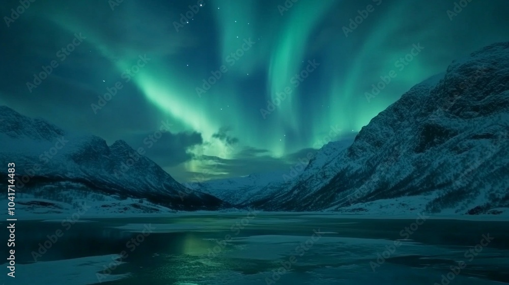 Naklejka premium Wide shot of the Northern Lights over snowy mountains and a frozen lake at night in Norway.