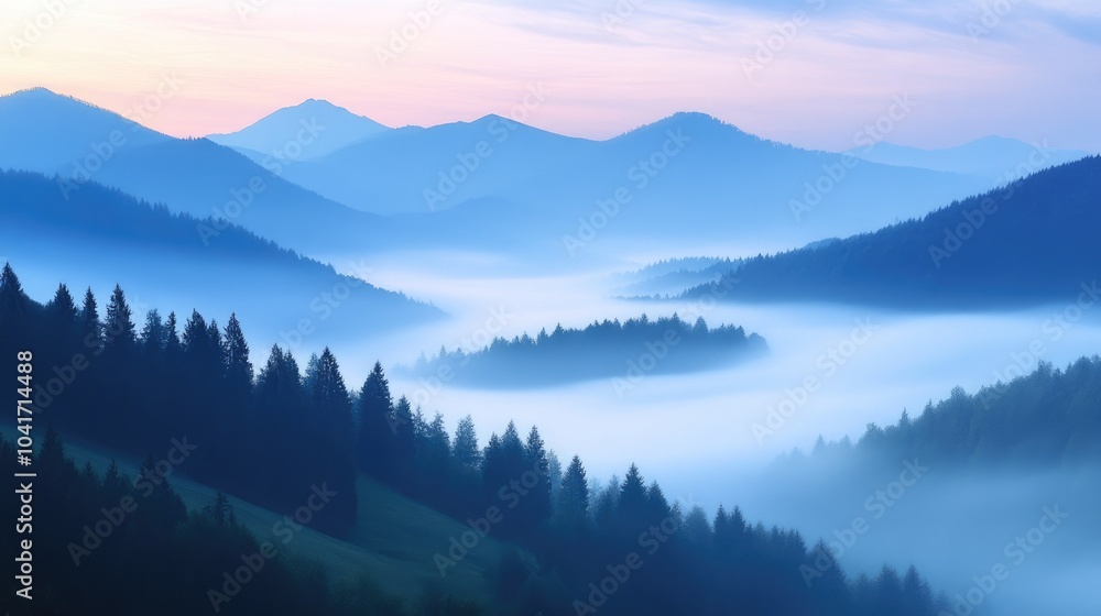 Misty fog rolling over a peaceful mountain valley at dawn, creating a tranquil, ethereal landscape filled with dreamlike beauty Misty fog rolling over a peaceful mountain valley at dawn, creating a tranquil, ethereal landscape filled with dreamlike beauty