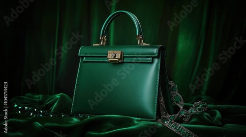Professional product photography of rich emerald green handbags | Displayed on a velvet background, soft diffused lighting emphasizes the richness 