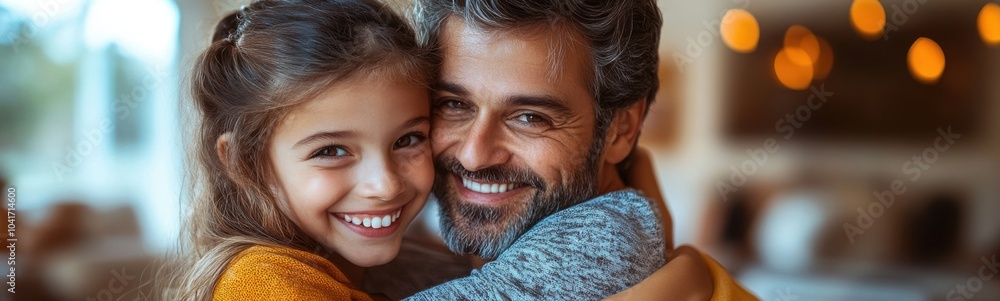 Smiling man and girl hugging each other in a living room Smiling man and girl hugging each other in a living room