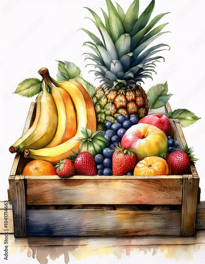 Vibrant fruit assortment in a wooden crate, showcasing nature’s palette Vibrant fruit assortment in a wooden crate, showcasing nature’s palette