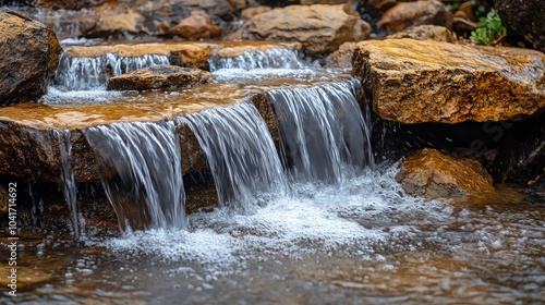 Gentle waterfall hitting rocks, droplets scattering in all directions, waterfall impact, natural and powerful
