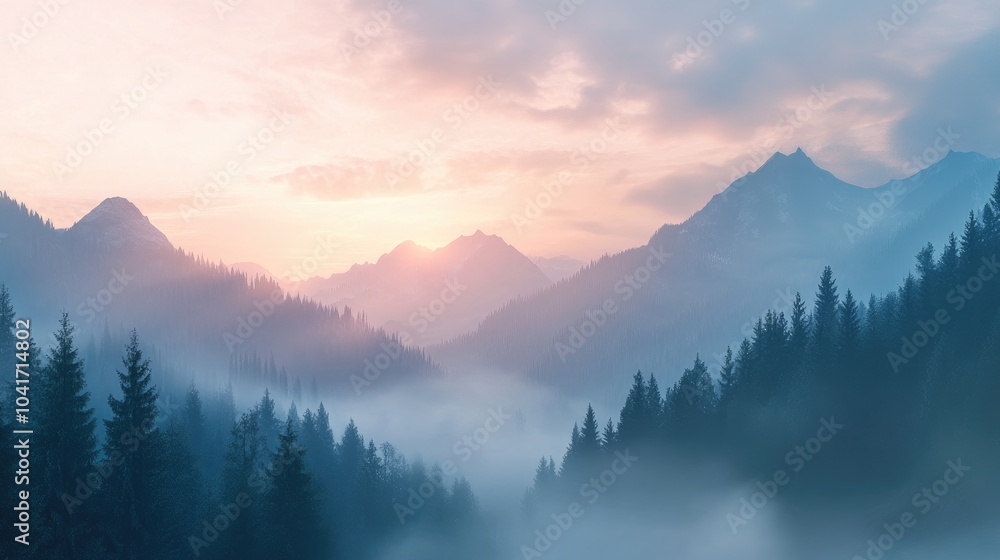 A serene mountain valley at dawn, with ethereal fog rolling through and creating a mystical, dreamlike landscape A serene mountain valley at dawn, with ethereal fog rolling through and creating a mystical, dreamlike landscape