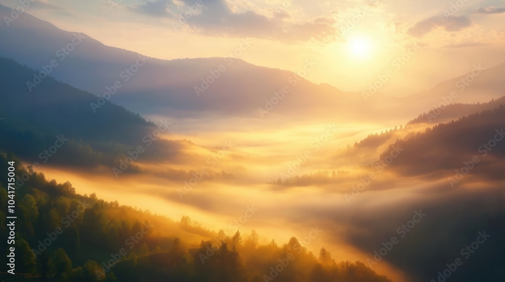 Dreamlike fog drifting over a peaceful mountain valley at dawn, illuminated by soft, ethereal light Dreamlike fog drifting over a peaceful mountain valley at dawn, illuminated by soft, ethereal light