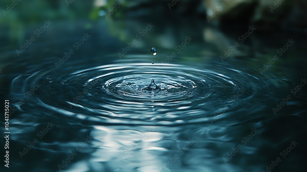 Water droplet falling onto a calm surface, creating gentle ripples, water drop ripple, soothing and peaceful Water droplet falling onto a calm surface, creating gentle ripples, water drop ripple, soothing and peaceful