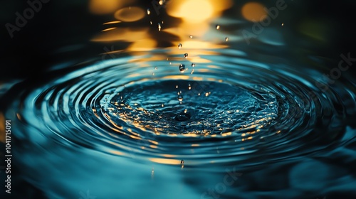 Water droplet hitting a smooth surface, creating ripples and small waves, water ripple, calming and peaceful