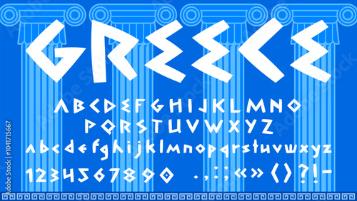 Blue greek style font, ancient Greece type alphabet letters and numbers vector typography. Old mediterranean triangle typeface of english abc characters on background with antique greek pillars