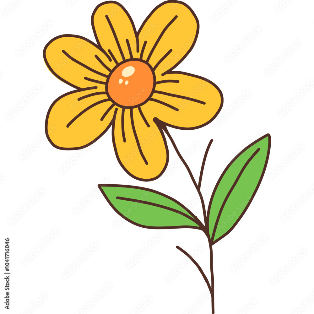 Simple Flower Illustration with Green Leaves – Hand-drawn Floral Design Simple Flower Illustration with Green Leaves – Hand-drawn Floral Design