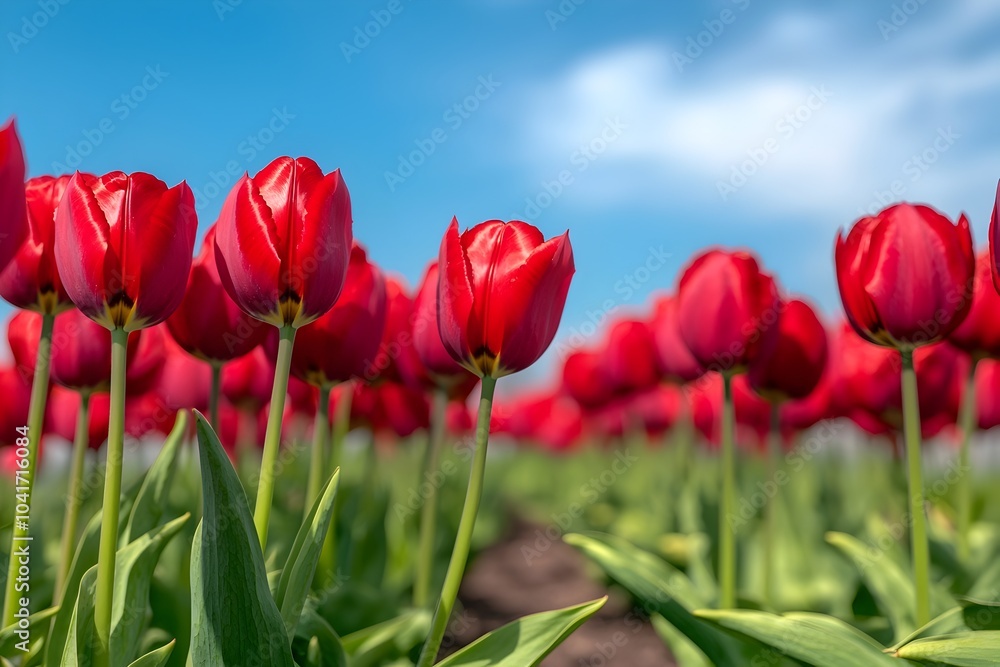 Rows of Vibrant Red Tulips in Meticulously Maintained Garden with Dazzling Blue Sky Overhead Rows of Vibrant Red Tulips in Meticulously Maintained Garden with Dazzling Blue Sky Overhead