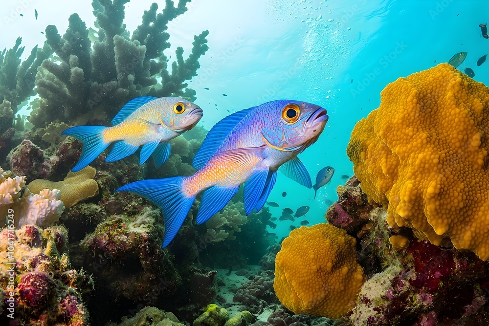 Underwater Oasis Teeming with Iridescent Damselfish and Vibrant Coral Reef Landscape Underwater Oasis Teeming with Iridescent Damselfish and Vibrant Coral Reef Landscape