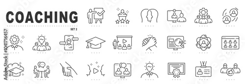 Set of coaching related line icons. Training, mentoring, leadership, workshop etc. Editable stroke.
