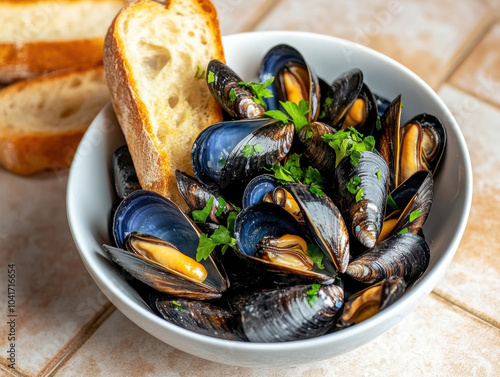 Delicious mussels served with fresh bread and herbs in a cozy dining setting