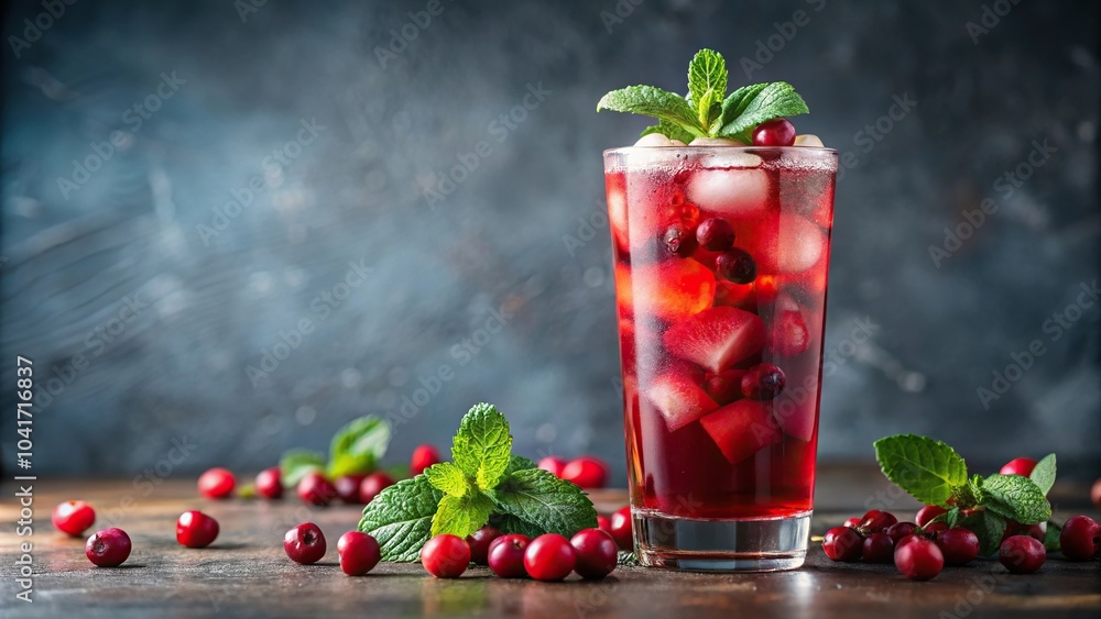 Berry lemonade with red cranberries in a tall glass with ice Pink cocktail with berries Low Angle Berry lemonade with red cranberries in a tall glass with ice Pink cocktail with berries Low Angle