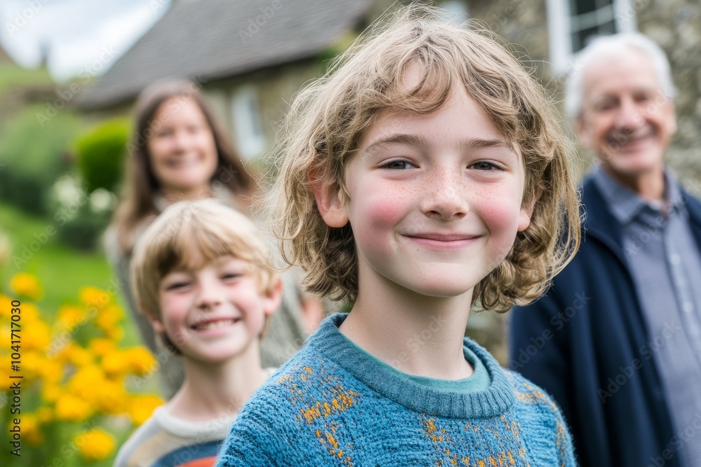 Close-up of smiling children and grandparents outdoors in a countryside setting Close-up of smiling children and grandparents outdoors in a countryside setting