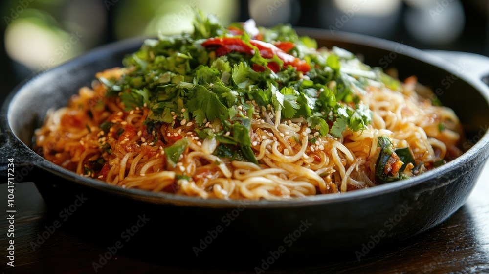 Delicious Noodles Topped with Fresh Green Herbs Delicious Noodles Topped with Fresh Green Herbs