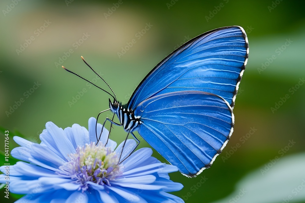 Obraz premium Majestic Blue Butterfly Gracefully Settled on Silky Blue Blossom with Delicate Proboscis and Feathery Antennae in Cinematic Botanical Garden