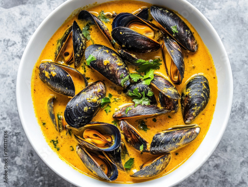 Indulgent bowl of freshly cooked mussels in a rich coconut curry sauce garnished with herbs photo