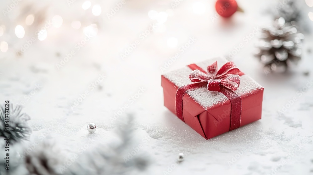 Red gift box on snowy surface with festive decorations Red gift box on snowy surface with festive decorations