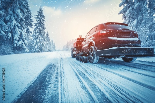 Tow truck driving on snowy road in light snowfall photo