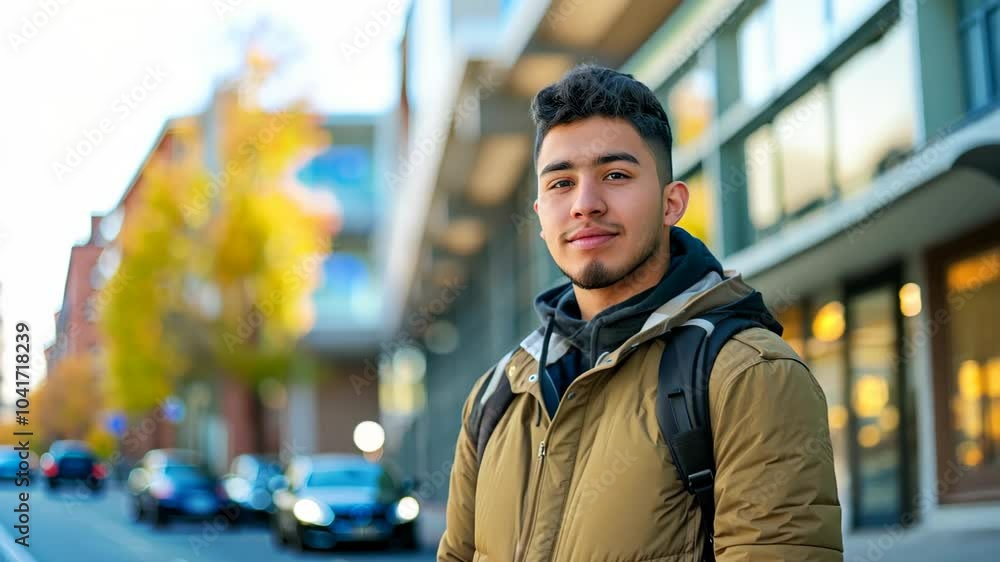 A confident young man stands outdoors in an urban setting, smiling warmly in an olive-green jacket over a hoodie, surrounded by blurred city buildings and trees. A confident young man stands outdoors in an urban setting, smiling warmly in an olive-green jacket over a hoodie, surrounded by blurred city buildings and trees.
