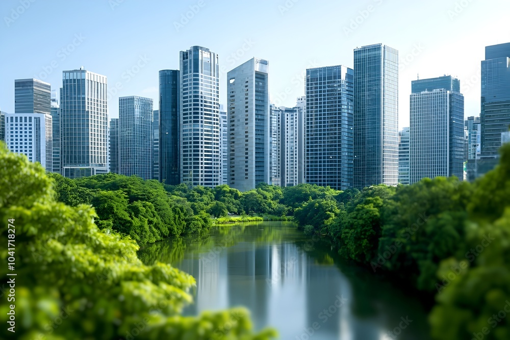 Serene Financial Landscape with Towering Skyscrapers Lush Greenery and Tranquil Waterways Serene Financial Landscape with Towering Skyscrapers Lush Greenery and Tranquil Waterways