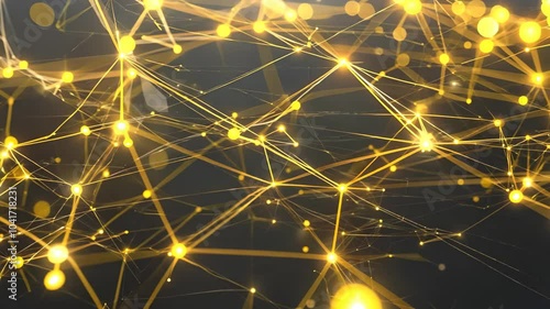 An intricate abstract background showcases glowing golden lines and sparkling dots, enriched by blurred dark tones. Ideal for digital media, presentations, and festive themes.
