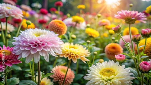 Fototapeta Naklejka Na Ścianę i Meble -  Beautiful flowers in a botanical garden with chrysanthemum and daisy flowers in wide-angle shot