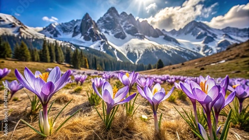 Beautiful crocus flowers blooming in the Polish Tatra Mountains, captured with a wide-angle lens