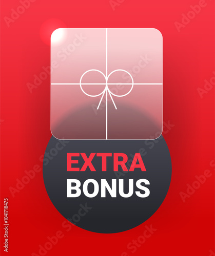 Vertical glass morphism extra bonus label on red background. Vector illustration