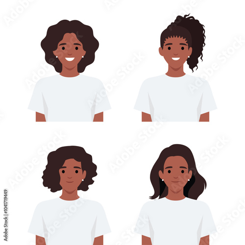 Young woman avatar with various hair styles. Flat vector illustration isolated on white background