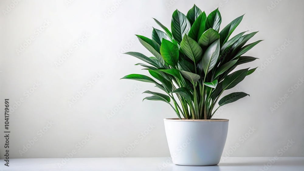 Fototapeta premium Big potted plant with long dark green leaves in a white pot isolated extreme close-up