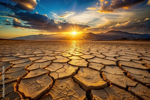 Big mud cracks illuminated by golden hour light at sunset over distant mountains