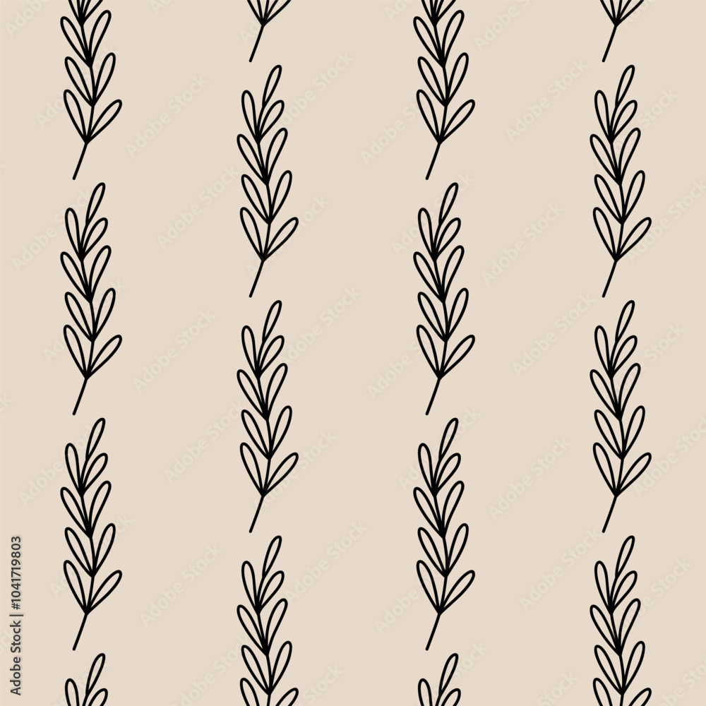 Obraz premium Minimalistic botanical seamless pattern. Vector hand-drawn illustration in doodle style. Perfect for decorations, wallpaper, wrapping paper, fabric. Floral background.