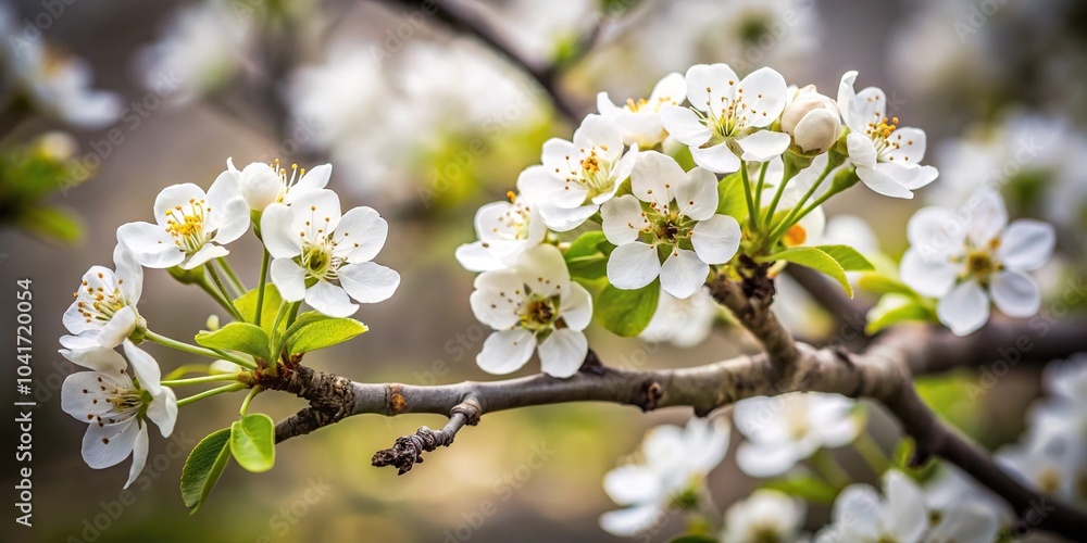 Fototapeta premium Black and white aerial shot of white pear tree flowers on a branch