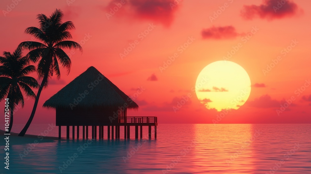 A tranquil sunset over calm waters, featuring a silhouetted hut on stilts and palm trees against a vibrant orange sky. A tranquil sunset over calm waters, featuring a silhouetted hut on stilts and palm trees against a vibrant orange sky.