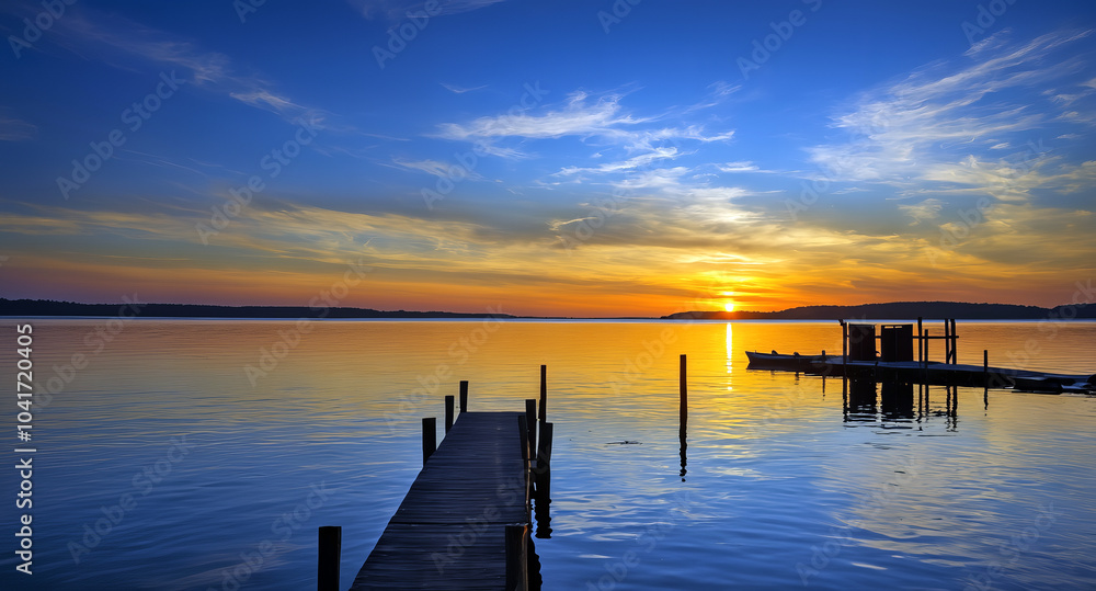 Fototapeta premium Perspective view of wooden pier over calm lake at sunset with dramatic sky