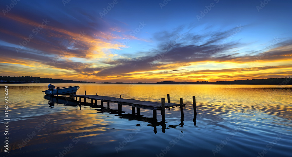 Fototapeta premium Golden hour sunset over calm lake with wooden dock and symmetrical reflection