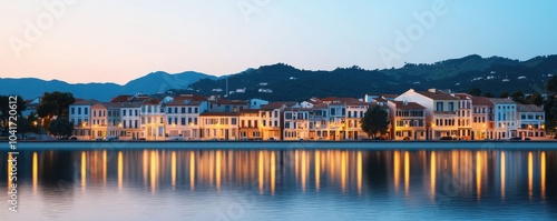 A serene waterfront scene at dusk, showcasing illuminated buildings along the shoreline with mountains in the background.