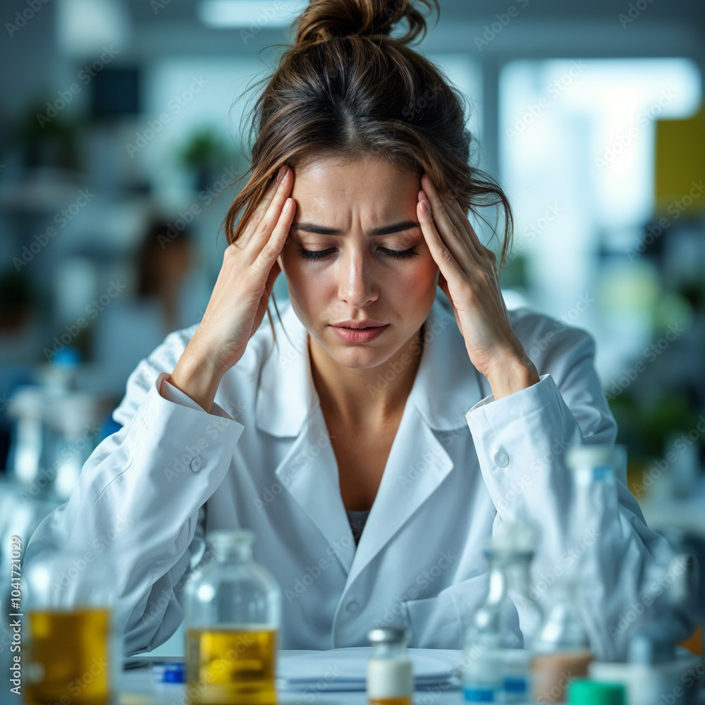 A young Caucasian woman with long brown hair looking stressed and holding her head in her hands while sitting at a desk A young Caucasian woman with long brown hair looking stressed and holding her head in her hands while sitting at a desk