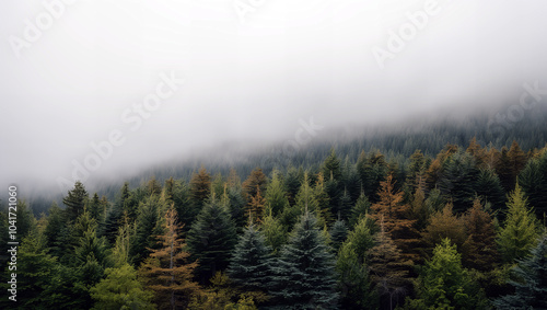 Serene misty forest with a dense covering of evergreen trees, as fog rolls over the treetops, creating a tranquil and peaceful atmosphere