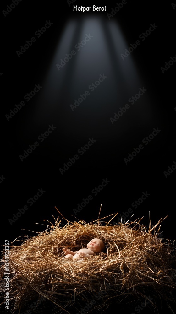 A rustic manger holds a sleeping baby Jesus, bathed in a soft glow from a starlight above amidst a dark background A rustic manger holds a sleeping baby Jesus, bathed in a soft glow from a starlight above amidst a dark background
